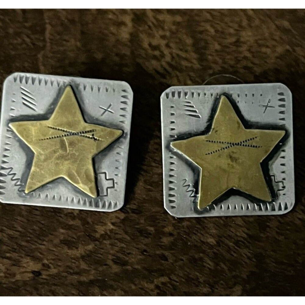 Vintage Signed Sandy Comstock Sterling 925 & Brass Star Stamped Post Earrings